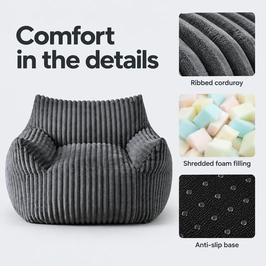 Sculpted Bean Bag Chair in Grey Corduroy
