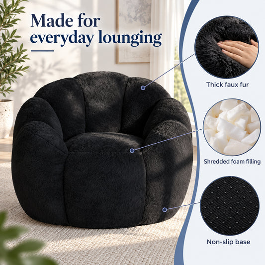 Petal Bean Bag Chair in Black Faux Fur