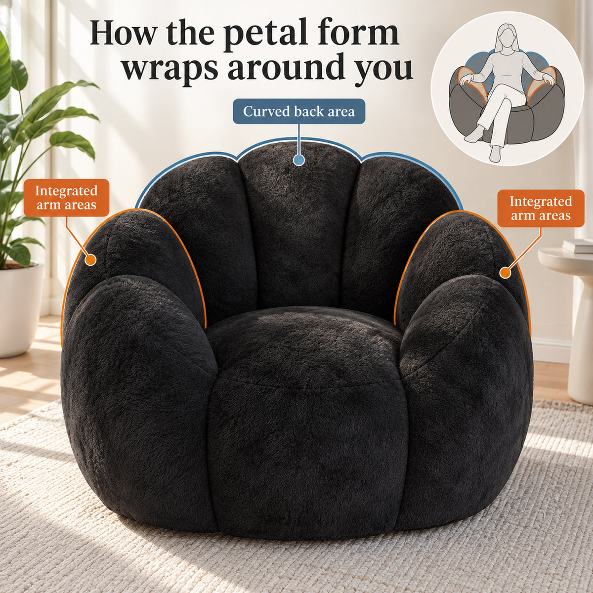 Petal Bean Bag Chair in Black Faux Fur