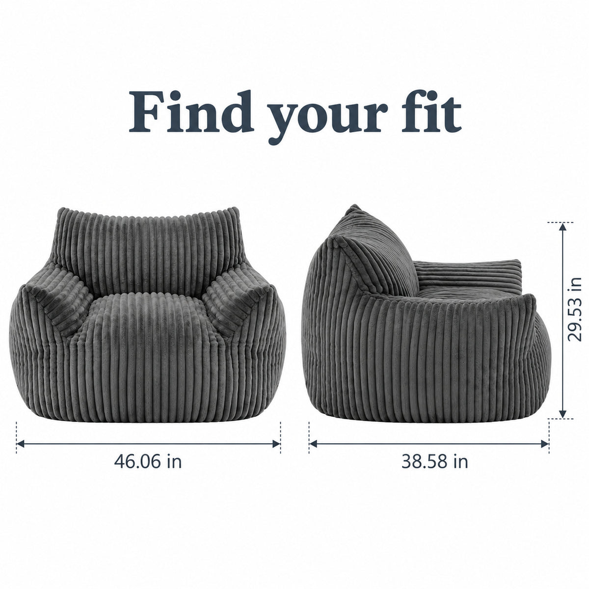 Sculpted Bean Bag Chair in Grey Corduroy