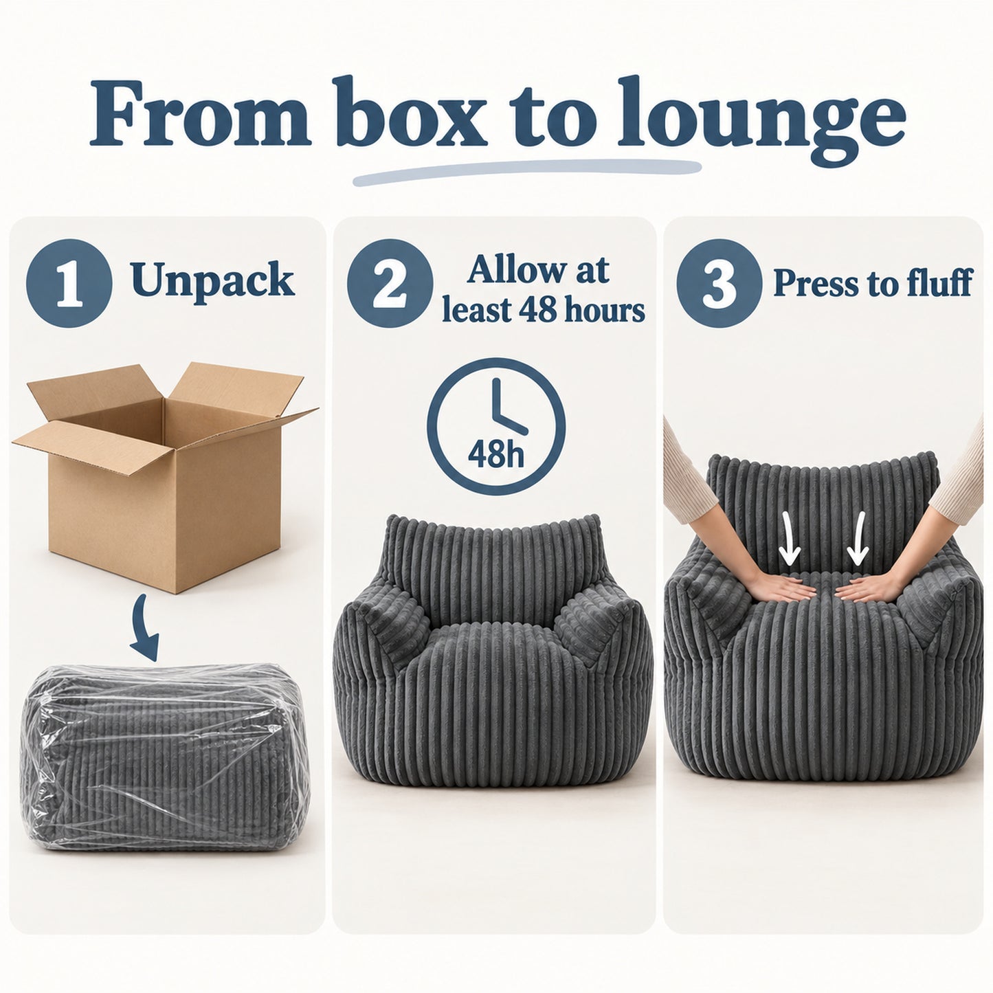 Sculpted Bean Bag Chair in Grey Corduroy