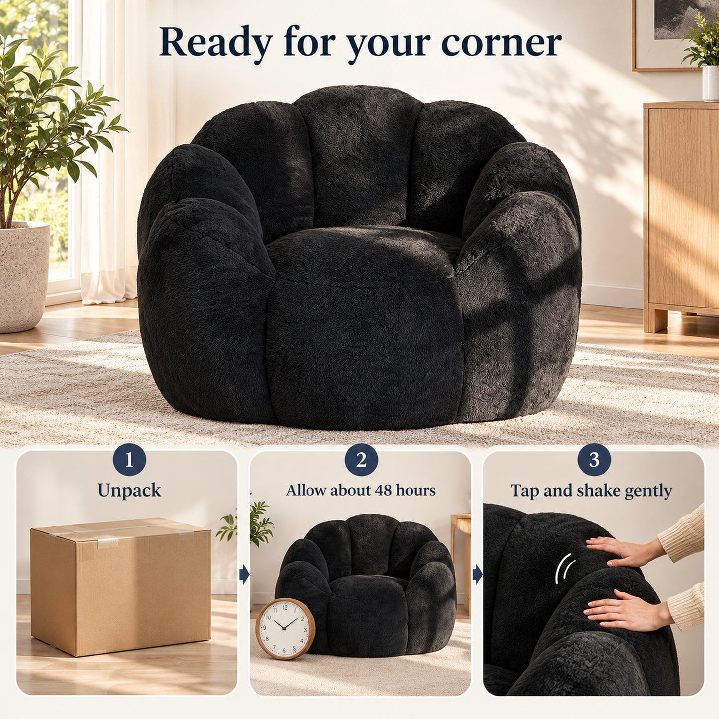 Petal Bean Bag Chair in Black Faux Fur