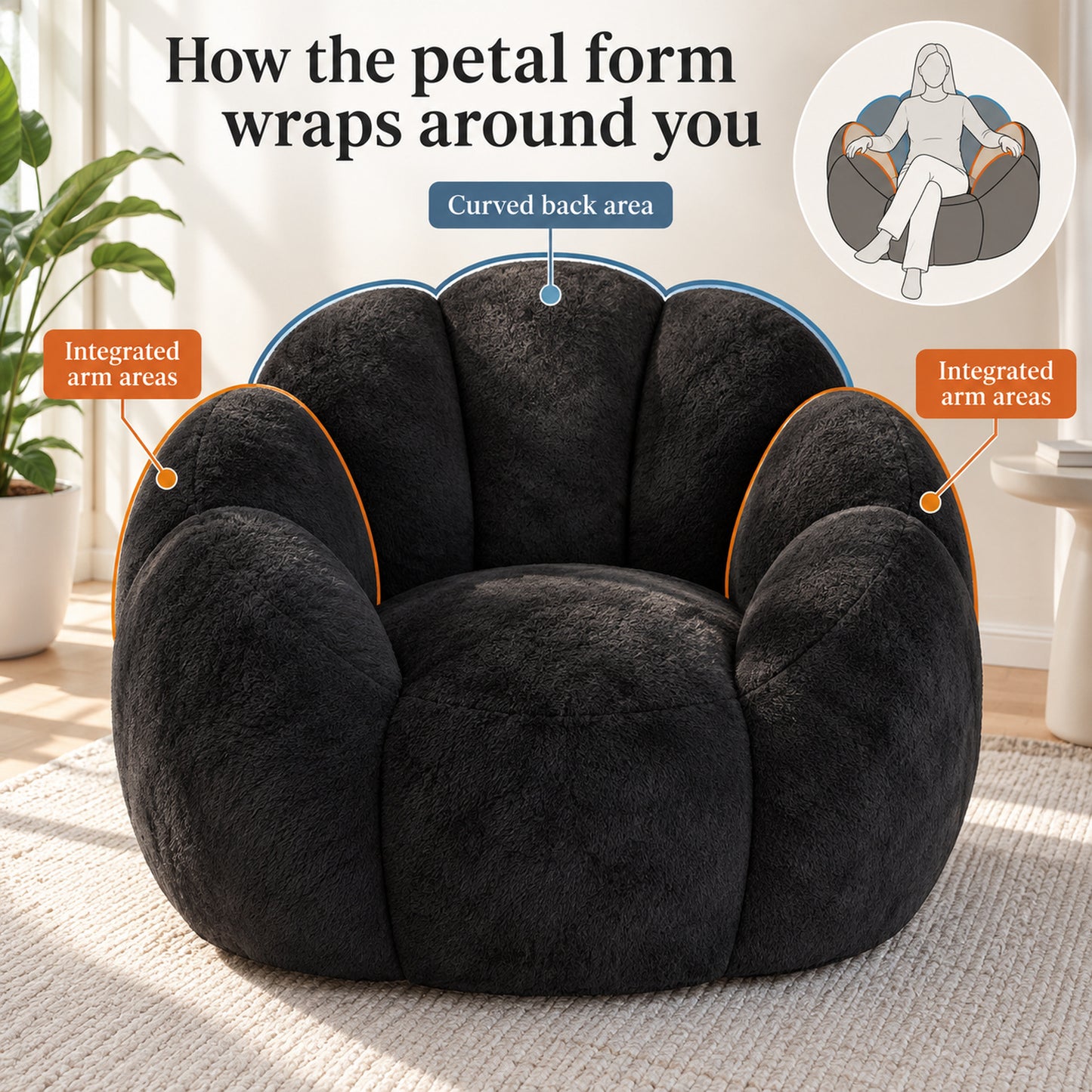 Petal Bean Bag Chair in Black Faux Fur