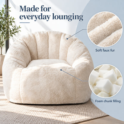 Shell Bean Bag Chair in Beige Faux Fur
