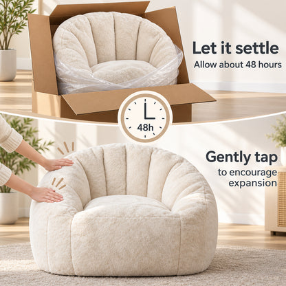 Shell Bean Bag Chair in Beige Faux Fur