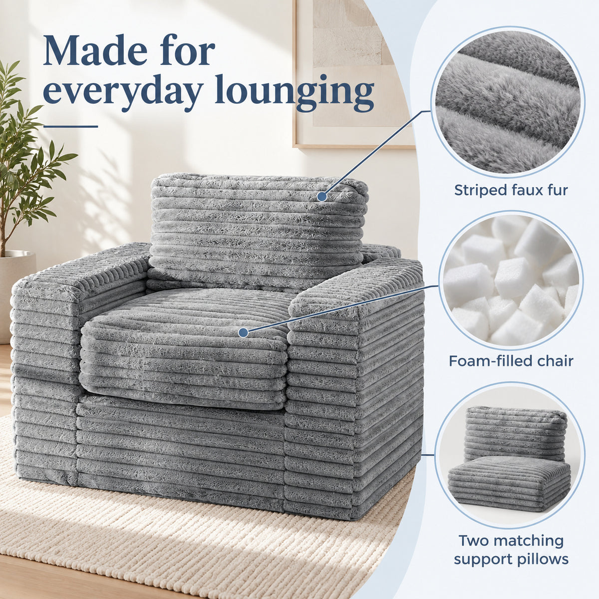 Bean Bag Armchair with Two Pillows in Grey
