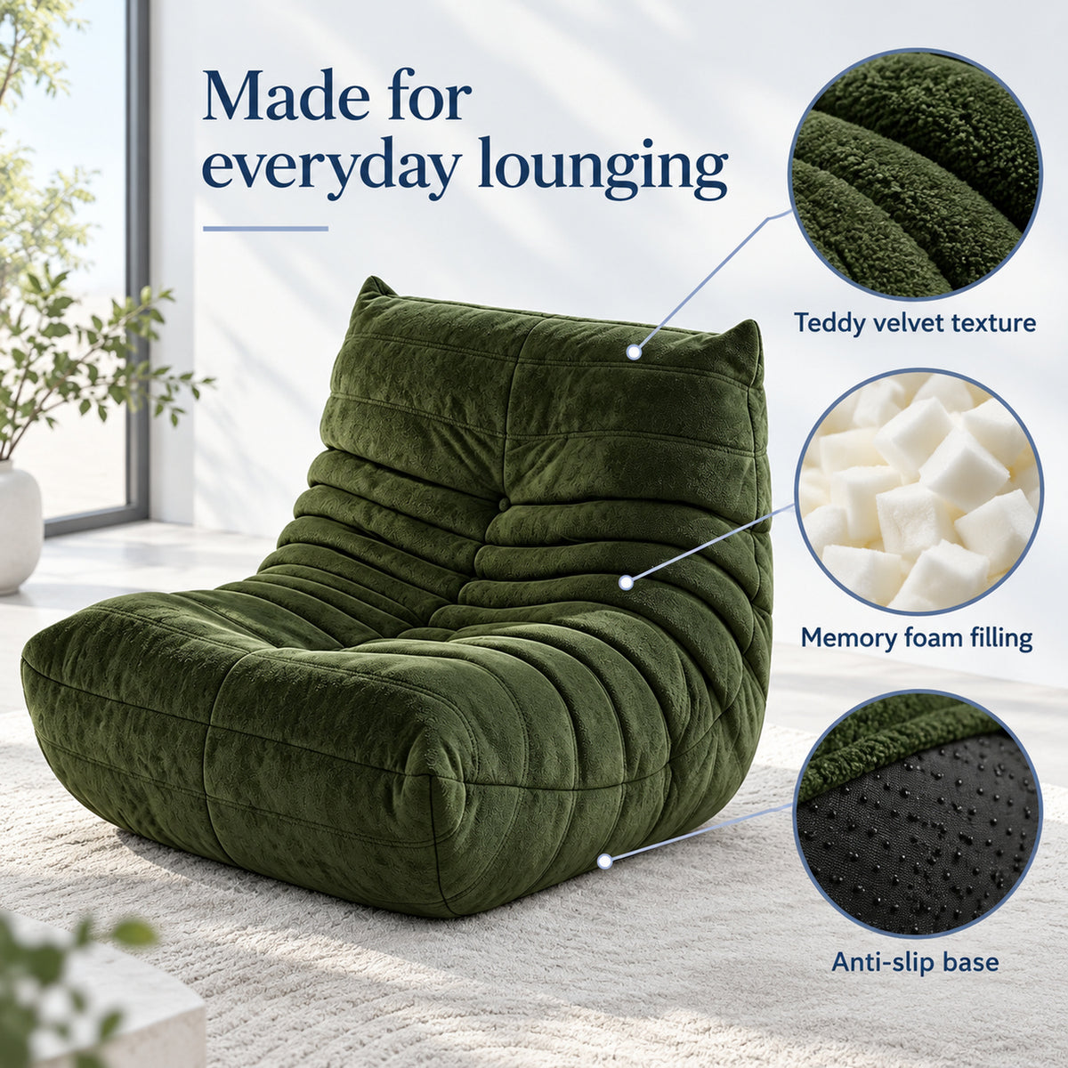 Armless Floor Chair in Green Teddy Velvet