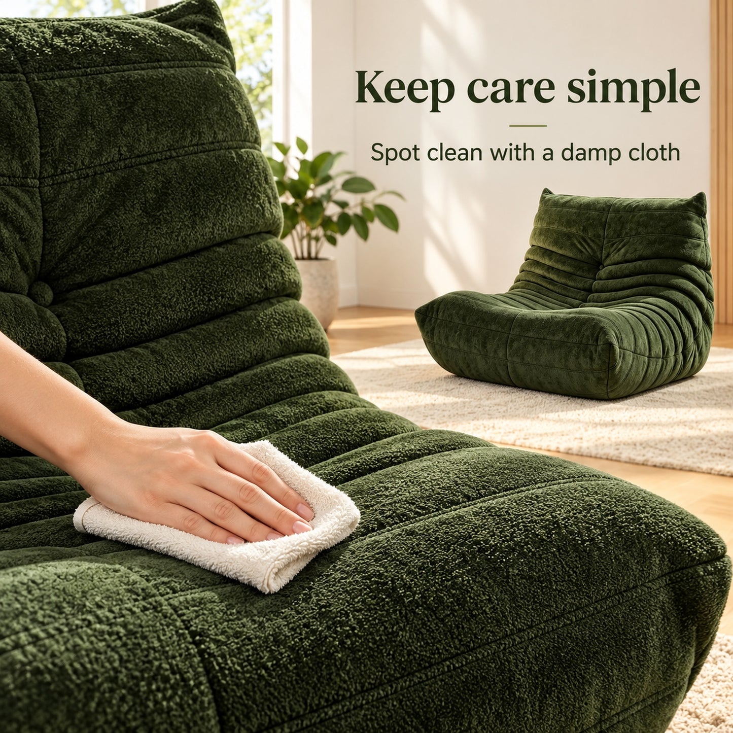 Armless Floor Chair in Green Teddy Velvet