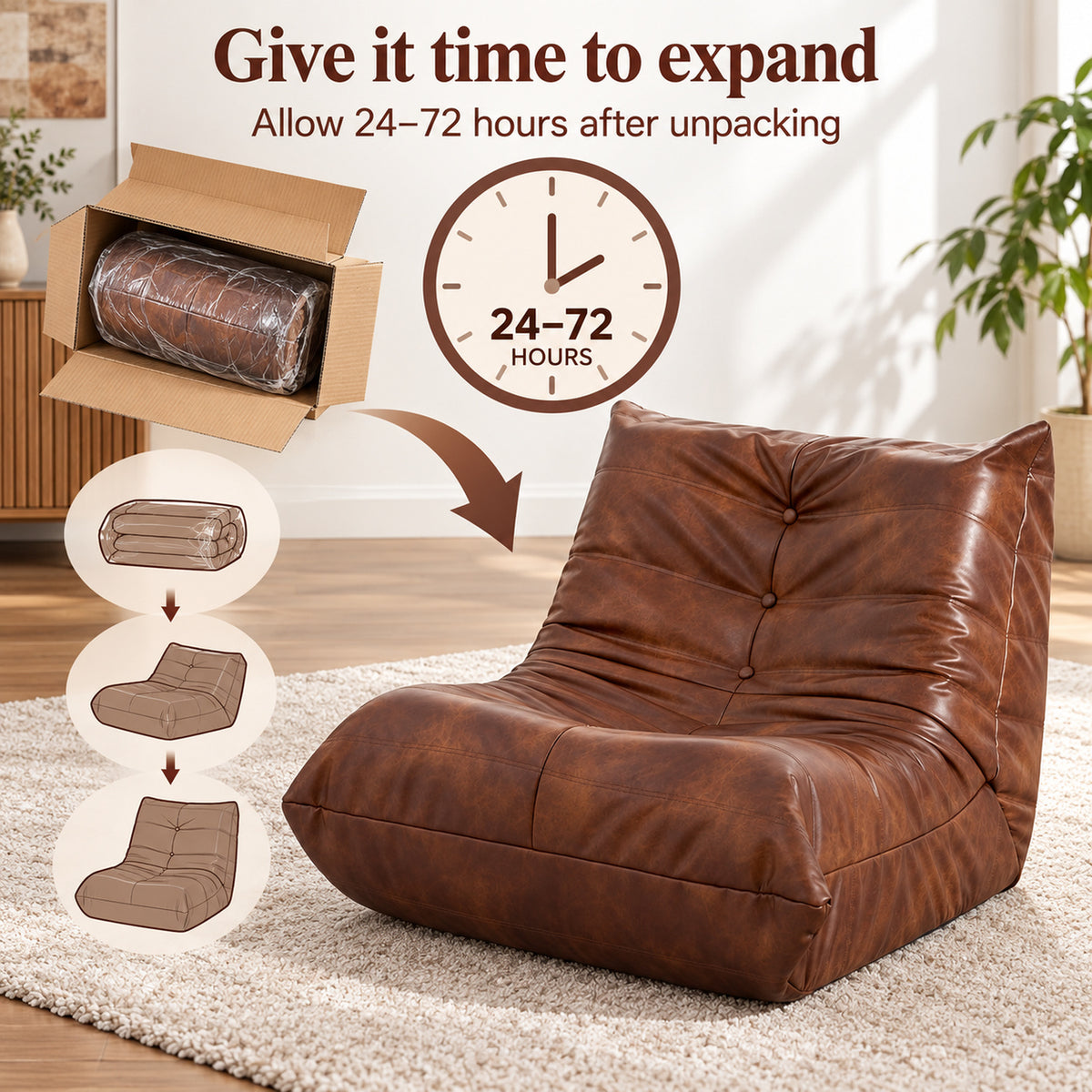 Armless Floor Chair in Brown Faux Leather